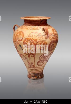 Minoisch dekorierter Pithos Rührbecher mit Blumenmuster, Zafer Papoura 1400-1250 v. Chr.; Archäologisches Museum Heraklion, grauer Hintergrund Stockfoto