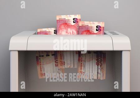 Ein regelmäßiger Aktenvernichter im Büro, der drei südafrikanische Rand-Banknotizen auf einem isolierten Hintergrund zerfetzt - 3D-Rendering Stockfoto