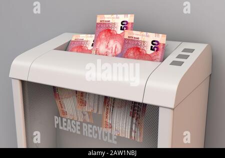 Ein regelmäßiger Aktenvernichter im Büro, der drei südafrikanische Rand-Banknotizen auf einem isolierten Hintergrund zerfetzt - 3D-Rendering Stockfoto