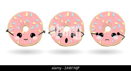 Cartoon lustige pinke Donut. Handgezeichneter Satz von Emoji. Vektor Emoticon Illustration Lebensmittel Stock Vektor