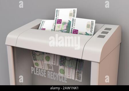 Ein regelmäßiger Aktenvernichter im Büro, der drei russische Rubel Banknotizen auf einem isolierten Hintergrund zerfetzt - 3D-Rendering Stockfoto