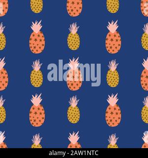 Abstrakte Ananas pink orange Gold auf blau nahtlosem Vektormuster. Sich wiederholender farbenfroher tropischer Hintergrund. Handgezogene exotische Früchte isoliert in Stock Vektor