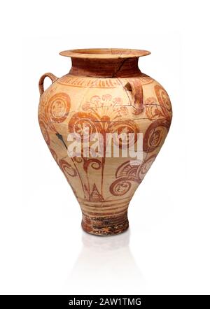 Minoisch dekorierter Pithos Rührbecher mit Blumenmuster, Zafer Papoura 1400-1250 v. Chr.; Archäologisches Museum Heraklion, weißer Hintergrund Stockfoto