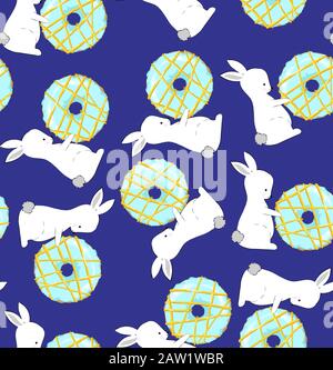 Kaninchen und Donuts, blauer Hintergrund. Vector Seamless Muster - Textil, Postkarten, Hintergrundbild Stock Vektor