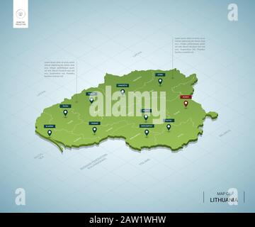 Stilisierte Karte von Litauen. Isometrische 3D-Grünkarte mit Städten, Grenzen, Hauptstadt Vilnius, Regionen. Vektorgrafiken. Editierbare Ebenen, die deutlich beschriftet sind Stock Vektor