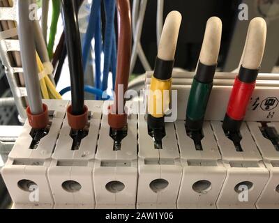 Netzwerkkabel, die mit dem Rechenzentrumsserver verbunden sind. Stockfoto