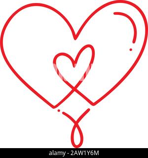 Zwei monoline rote Liebhaber Herz. Valentinskarte handgefertigte Vektorgrafiken. Einrichtung für Grußkarten, Foto-Overlays, T-Shirt-Druck, Flyer, Poster Stock Vektor