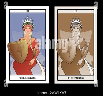 Große Arcana Tarot Karten. Die Empress. Schöne Frau mit langem Geflecht, auf einem Thron sitzend, mit einem Schild mit goldenem Zepter, das wie ein T geformt ist Stock Vektor