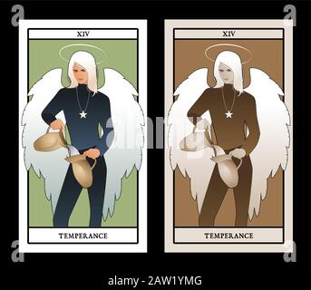 Major arcana Tarot Karten. Die Mäßigung. Engel mit Aussehen und Kleidung des jungen Mannes, großen Flügeln, Hair fair, gießen Wasser aus einem Krug zu einem anderen Stock Vektor