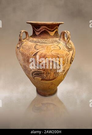 Minoisch dekorierter Pithos Rührbecher mit marinebauischem Design, Phaistos-Kalyvia 1400-1300 v. Chr.; Archäologisches Museum Heraklion. Stockfoto