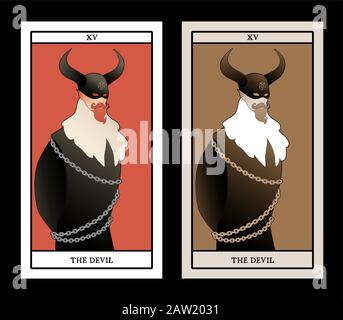 Major arcana Tarot Karten. Der Teufel. Mann mit einer Maske und große Hörner, Schnurrbart, Spitzbart und anspruchslosen Kleider aus alten Zeiten. Daemon Augen und Ketten d Stock Vektor