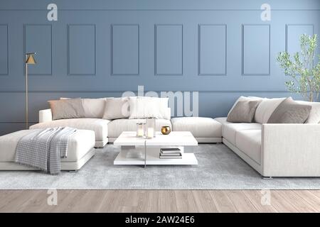 3D-Rendering der blauen Wand des Wohnzimmers mit Zierleisten und weißem, großem Sofa Stockfoto