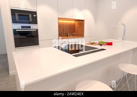 Nahansicht der modernen weißen Küchenunterseite mit Kopierbereich, 3D-Rendering