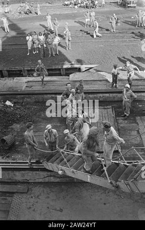 Südabfahrt 7. R.S.F. Palembang Palembang: Um 7 RS zu sammeln, die indische Zeit, als sie sich gesetzt hat und nach Hause zurückgekehrt ist, fuhr das Troopschiff Southern Palembang fort. Während der Einschiffung. Anmerkung: Subject 3rd (7th) Battalion Regiment Stoottroepen (3 (7) RS) Datum: 25. März 1948 Ort: Indonesien, Indonesien, Niederländisch-Ostindien Stockfoto