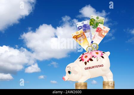 Huckepack vor trübem Himmel auf Euro-Münzen mit Euro-Scheine und Schriftzug Geburtstag, Deutschland Stockfoto