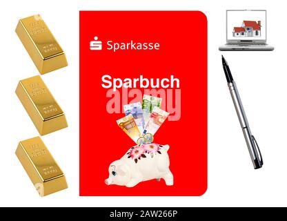 Bankbuch der Sparkasse mit Schweinebank, Euro-Scheine, Goldbarren Stockfoto