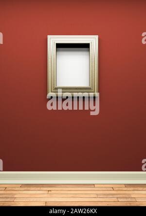 Bilderrahmen. Dicker leerer Metallbilderrahm auf einer roten Wand Stockfoto