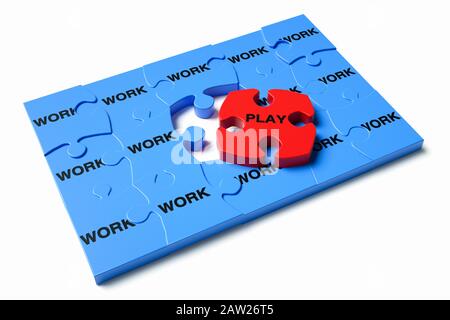 Alles Arbeit und kein Spiel, Work Life Balance Konzept, unvollständige Arbeit Puzzle Konzepte mit Einzelstück mit der Aufschrift „Play“ Stockfoto