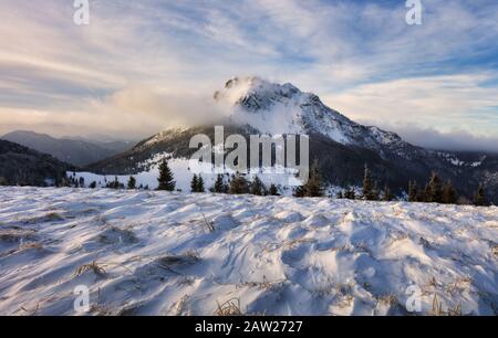 Winterlandschaft in Mala Fatra auf dem Hügel Velky Rozsutec in der Slowakei Stockfoto