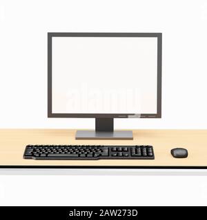 Leerer Computerbildschirm, Tastatur und Maus auf einem Büroschreibtisch Stockfoto