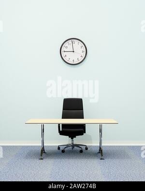 Büroausstattung, Bürostuhl aus Executive-Leder und leerer Büroschreibtisch mit Wanduhr, die 9 Uhr morgens anzeigt Stockfoto