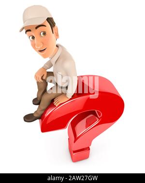 3D-Auslieferer sitzt oben auf dem Fragezeichen, Abbildung mit isoliertem weißem Hintergrund Stockfoto