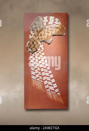 Minoische Wandkunst im "Knoten"-Fresko, die das religiöse apotropäische Symbol Nirou Chani 1600-1450 v. Chr. darstellt. Archäologisches Museum Heraklion. Stockfoto