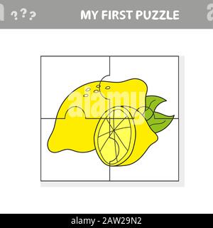 Bildungs-Papierspiel für Kinder im Vorschulalter. Vektorgrafiken. Cartoon Zitrone. Mein erstes Rätsel Stock Vektor