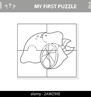 Bildungs-Papierspiel für Kinder im Vorschulalter. Vektorgrafiken. Cartoon Zitrone. Mein erstes Puzzle- und Farbbuch Stock Vektor