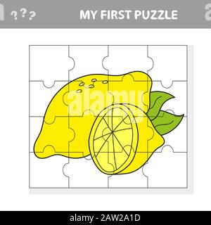 Bildungs-Papierspiel für Kinder im Vorschulalter. Vektorgrafiken. Cartoon Zitrone. Mein erstes Rätsel Stock Vektor