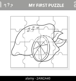 Bildungs-Papierspiel für Kinder im Vorschulalter. Vektorgrafiken. Cartoon Zitrone. Mein erstes Puzzle- und Farbbuch Stock Vektor