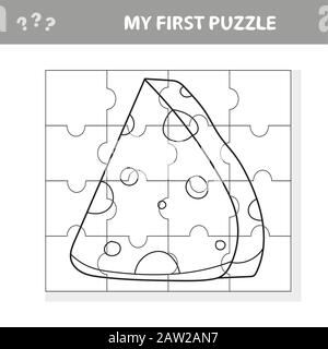 Cartoon-Käse. Puzzle. Passen Sie die Teile an, und vervollständigen Sie das Bild. Lernkindspiel, Kinderkrippe - mein erstes Puzzle- und Farbbuch Stock Vektor