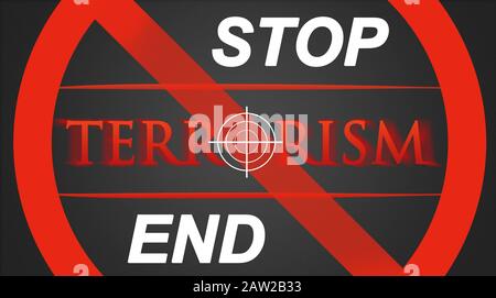 Terrorismus-Illustration - weißes Haarlinienkreuz in roter Schrift Stop/End Stockfoto