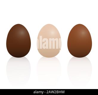Ostereier aus Milch, dunkler und heller Schokolade - 3D-Darstellung auf weißem Hintergrund. Stockfoto