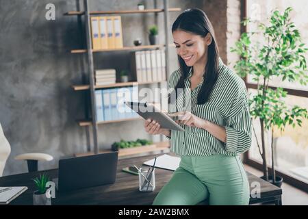 Portrait von ihr schön fröhliche fröhliche fröhliche, voll beschäftigte kluge Lady Expert Hai mit E-Book im modernen industriellen Backstein-Loft-Interieur Stockfoto