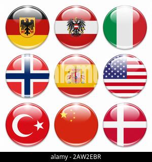 Tasten von deutschland, österreich, italien, norwegen, spanien, usa, türkei, china und dänemark isoliert auf Weiß Stockfoto