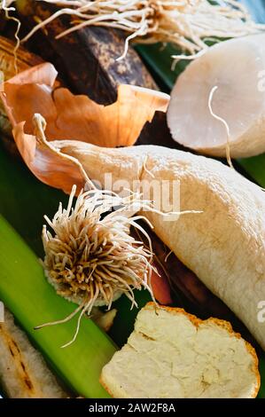 Blick in einen Behälter mit organischem Abfall zum Recycling, der aus Rettich, Lauch, Bananenschälern und Orangenschälern besteht. Stockfoto