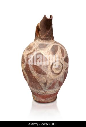 Minoisch dekorierte Kanne im Kamares-Stil mit Sternendesign, Poros-Friedhof 1800-1650 v. Chr.; Archäologisches Museum Heraklion, weißer Hintergrund. Stockfoto