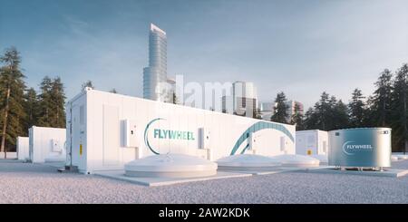 Schwungrad-Energiespeicher-Einheiten für die Stromversorgung in der Stadt. 3D-Rendering. Stockfoto