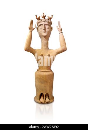 Minoische Statue der postpalastartigen Terracotta-Göttin mit erhobenen Armen und Vogelkrone, Karphi Sanctuary 1200-1100 v. Chr., Archäologisches Museum Heraklion, weiß Stockfoto