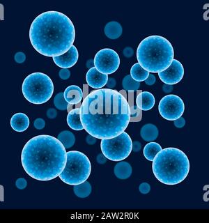Vektor abstrakte Gesundheit oder Chemie blauer Hintergrund mit Molekülen oder Mikroben. Epidemische Verbreitung mikroorganismenmikroskopischer Virusinfektion, ge Stock Vektor