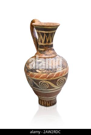 Minoisch dekorierte Krug im Kamares-Stil mit Schwirbelmuster, Poros-Friedhof 1800-1650 v. Chr.; Archäologisches Museum Heraklion, weißer Hintergrund Stockfoto