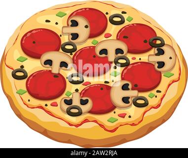 Vektorgrafiken italienischer Pizza mit Ketchup, Wurstscheiben, Käse, Pilzen, Oliven und Pfeffer, Pizza isoliert auf weißem Hintergrund. Stock Vektor