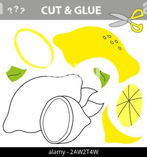 Bildungs-Papierspiel für Kinder im Vorschulalter. Papierhandwerk für Kinder. Verwenden Sie eine Schere, schneiden Sie Teile des Bildes, und kleben Sie den Klebstoff, um die Zitrone zu erzeugen Stock Vektor