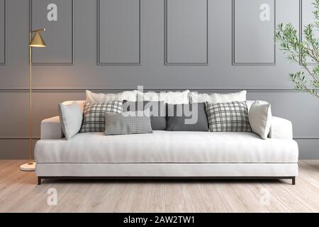 3D-Rendering des Innendesigns mit grauer Wand, weißem Sofa und goldener Lampe Stockfoto