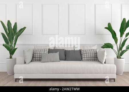 3D-Rendering des Innendesigns mit weißer Wand, weißem Sofa und tropischen Pflanzen Stockfoto