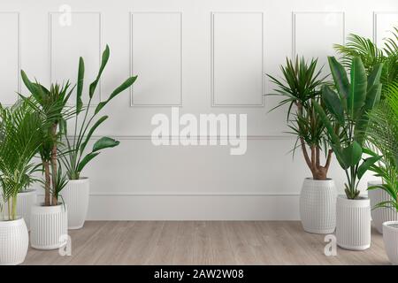 3D Render Interior Design zentraler Kopierraum mit tropischen Pflanzen auf beiden Seiten Stockfoto