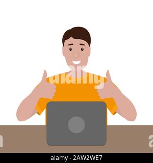 Mann, der an einem Laptop sitzt. Cartoon-Vektor-Illustration, flaches Design Stock Vektor