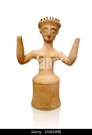 Minoische Statue der postpalastartigen Terracotta-Göttinnen mit erhobenen Armen, Kannia Sanctuary, Gortys, 1350-1250 v. Chr., Archäologisches Museum Heraklion, weißer Hinterteil Stockfoto