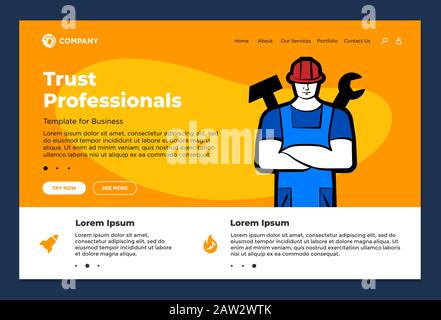 Vertrauen Profis Unterstützung Baumeister Reparatur Reparatur Service Website Landing Page Design Vorlage. Mann Mann Mann für Stunde Arbeiter in Helm mit Schraubenschlüssel und Hammer. Bestellen Sie Arbeit Home Master Vektor Illustration Stock Vektor